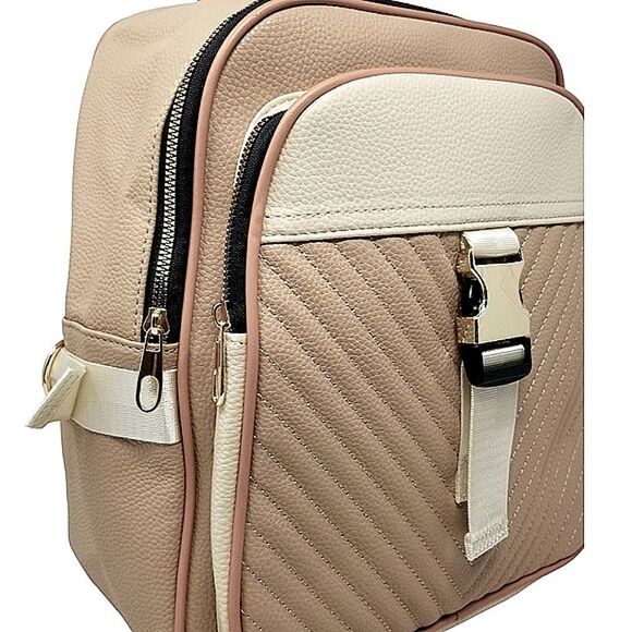Double zip Square Top Tan and Cream backpack purse - Picture 4 of 9